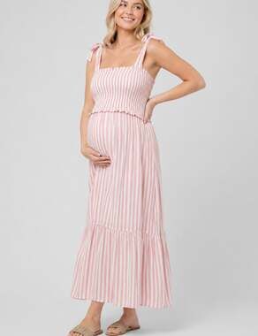 Ripe Ollie Smocked Midi Dress Terracotta White Stripe Maternity - Small